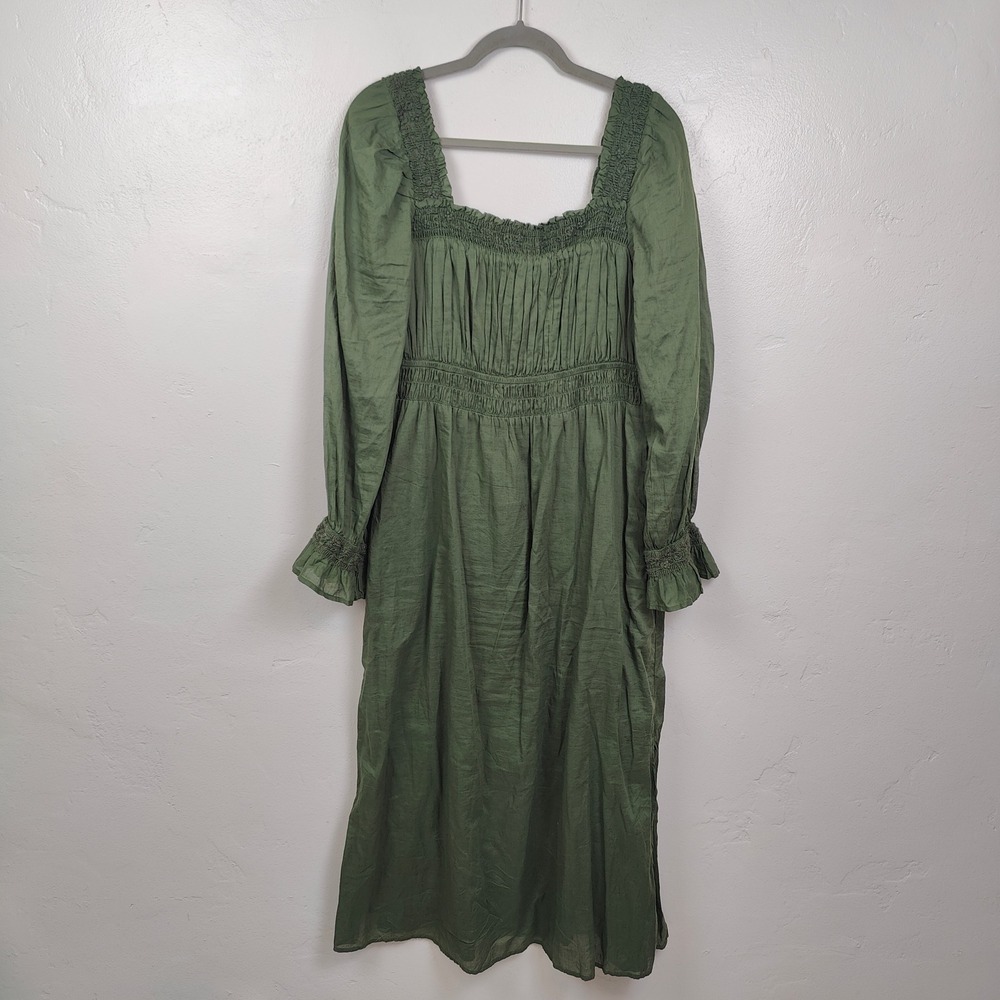 Gap Smocked Midi Dress Womens Medium Green Square Neck Pockets Cottagecore Boho - Picture 2 of 9
